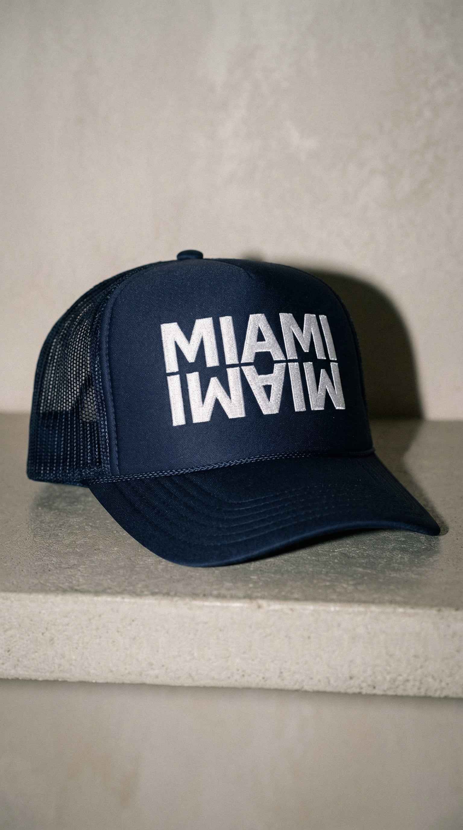 Miami Trucker Hat — Embroidered Snapback Cap | Pink, Navy & Teal
