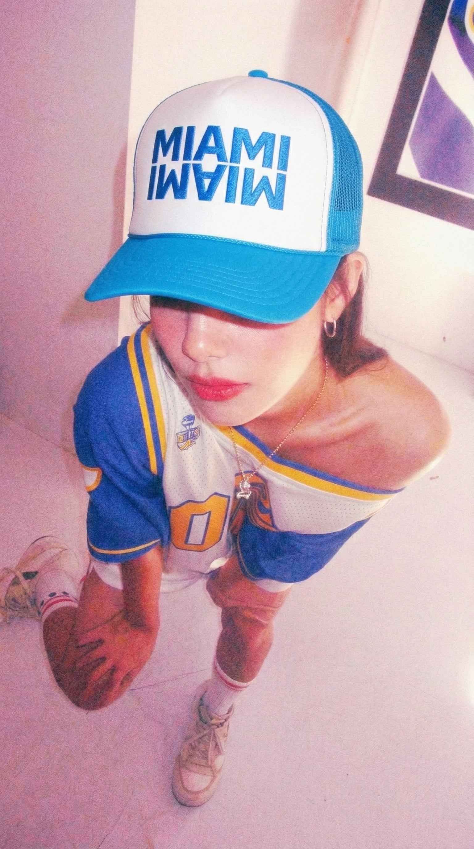 Miami Trucker Hat — Embroidered Snapback Cap | Pink, Navy & Teal