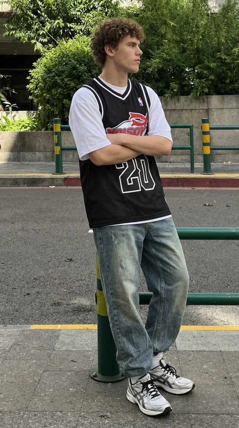 Y2K Street Basketball Jersey — Black Mesh Sleeveless Streetwear
