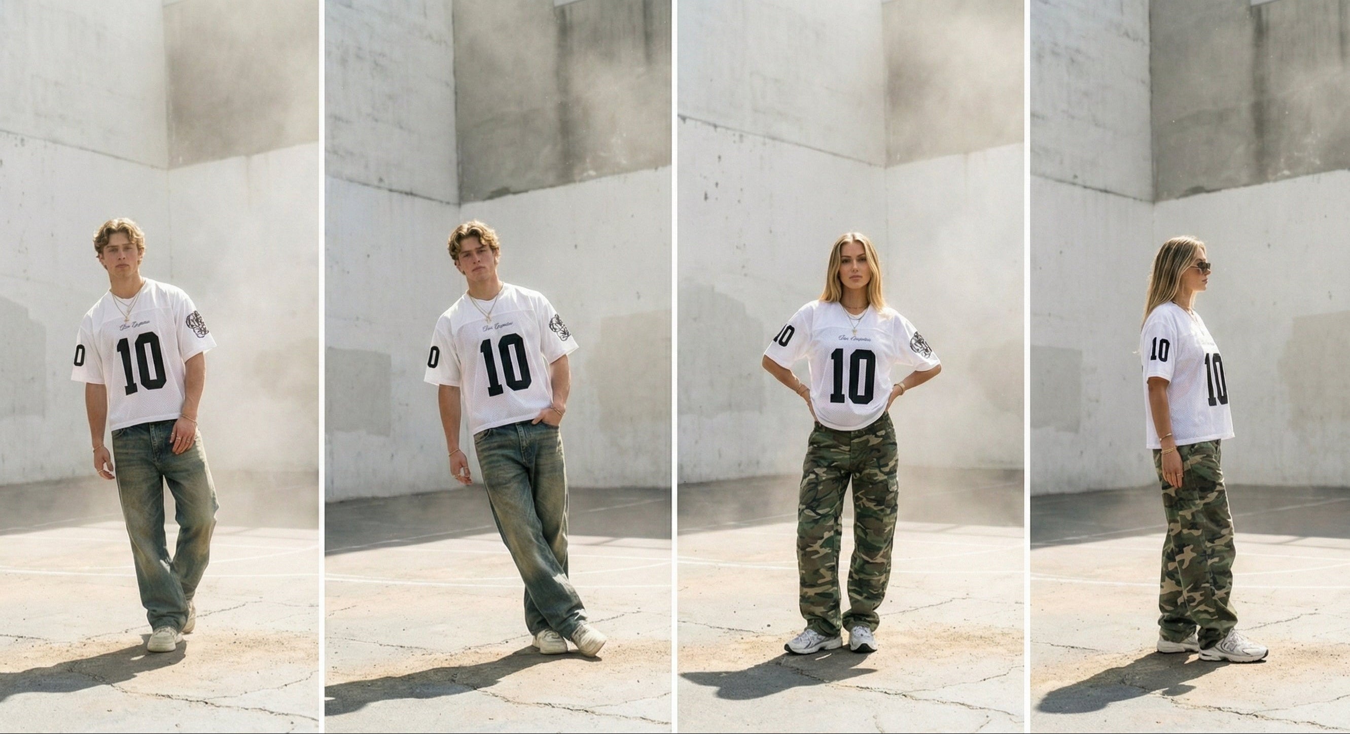 Person wearing a white jersey with number 10 in front of a concrete wall.