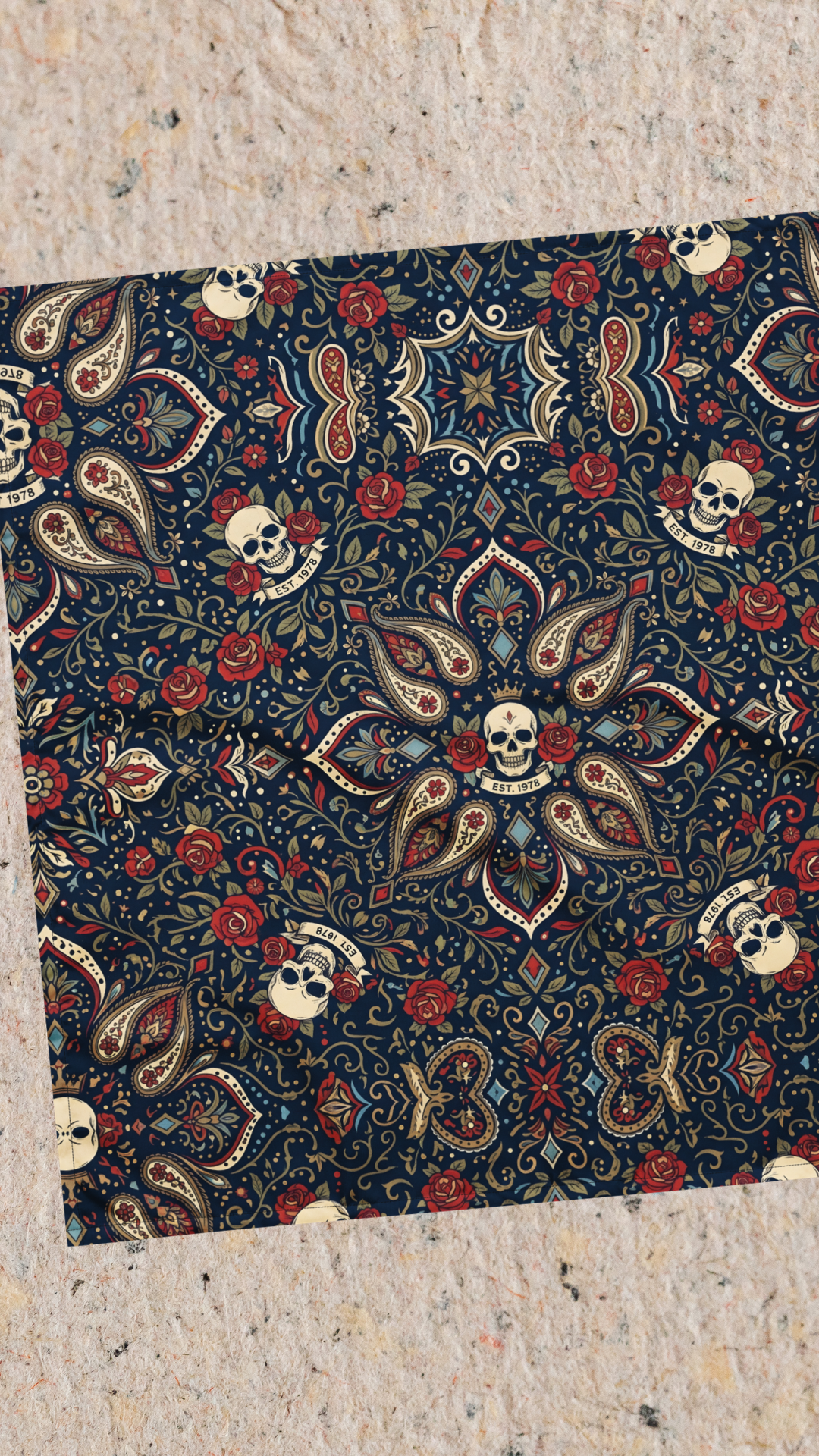 Skull & Roses Bandana — Navy Tattoo Print Head Wrap