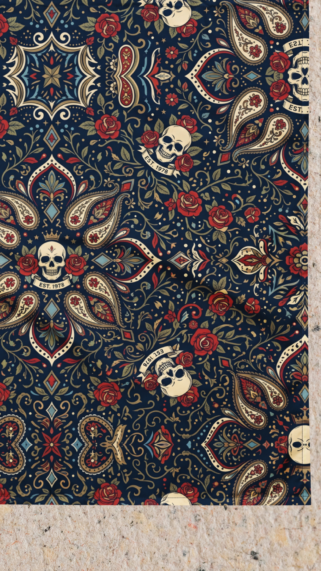 Skull & Roses Bandana — Navy Tattoo Print Head Wrap