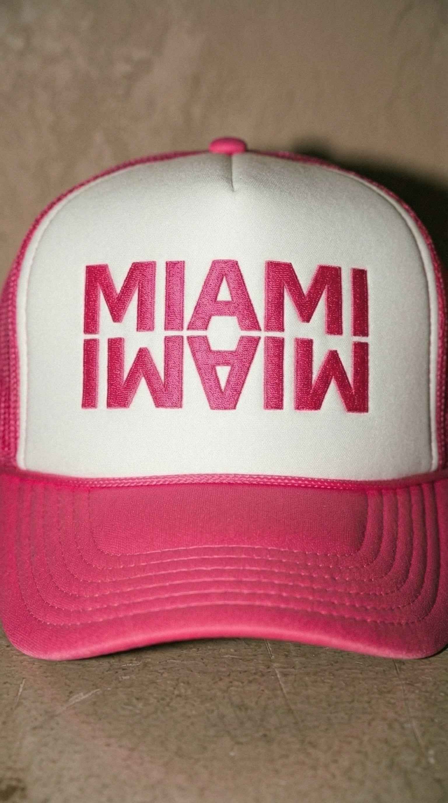 Miami Trucker Hat — Embroidered Snapback Cap | Pink, Navy & Teal