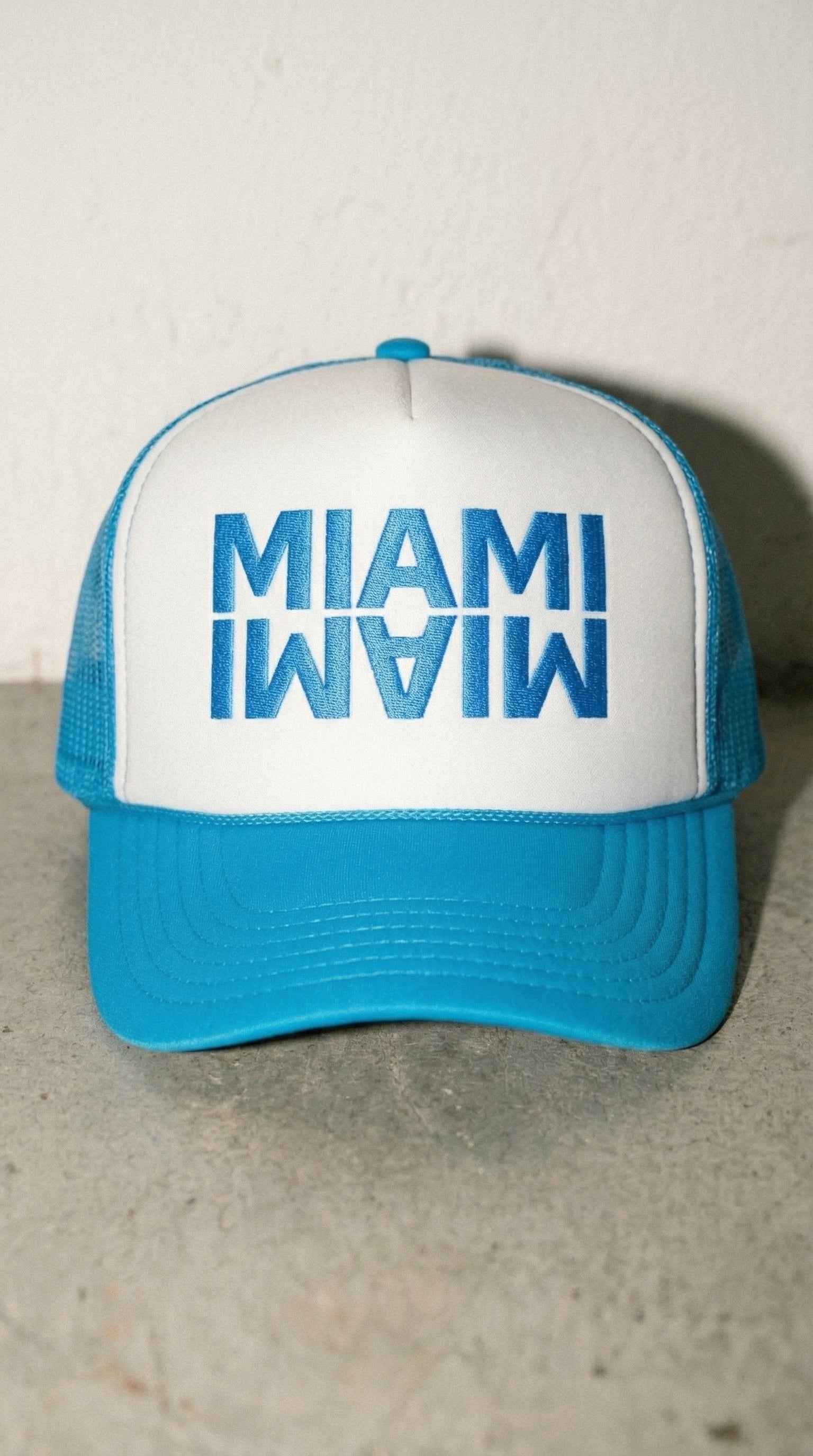Miami Trucker Hat — Embroidered Snapback Cap | Pink, Navy & Teal