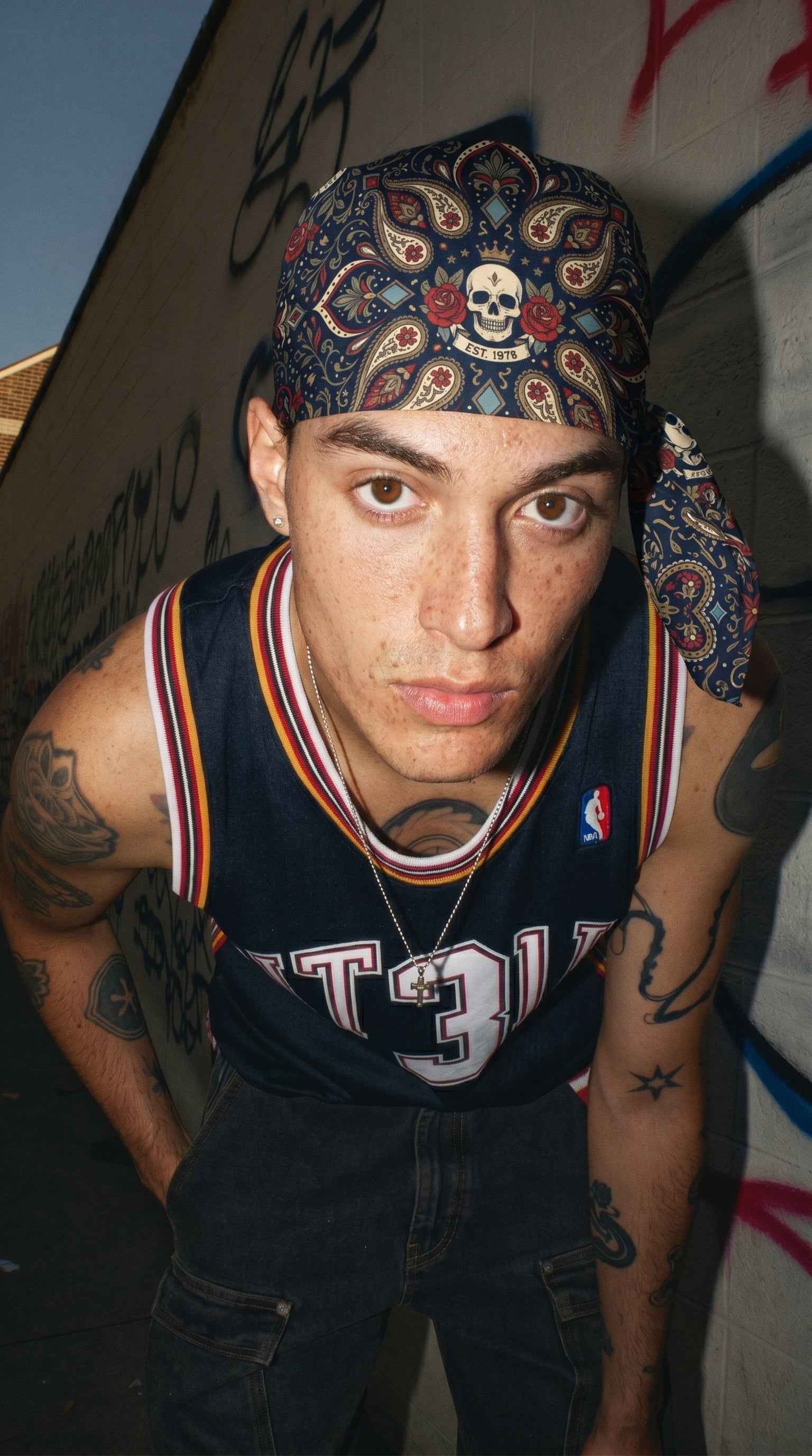 Skull & Roses Bandana — Navy Tattoo Print Head Wrap