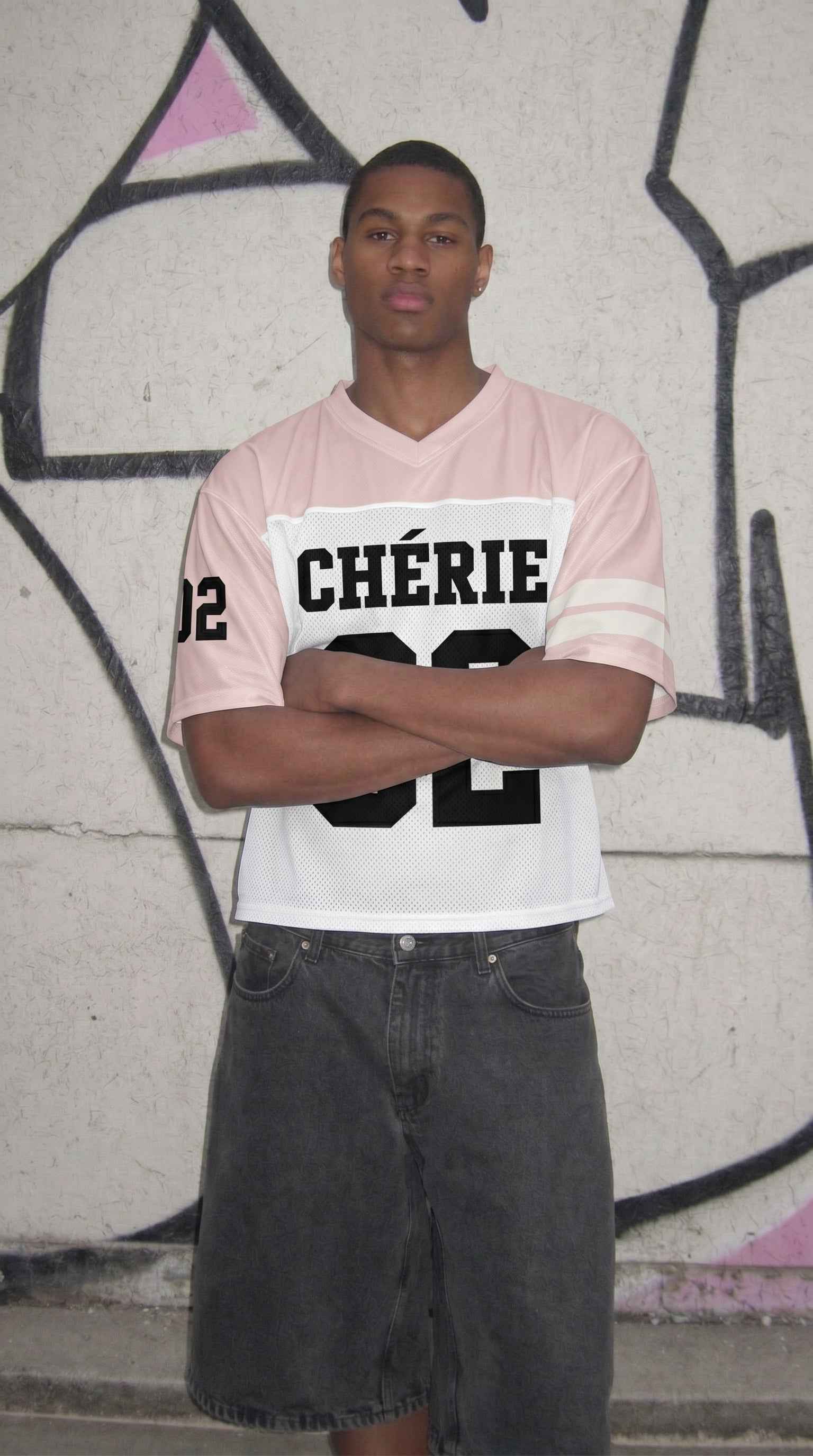 Blush & White Two-Tone Football Jersey — CHÉRIE | Sport Luxe Streetwear