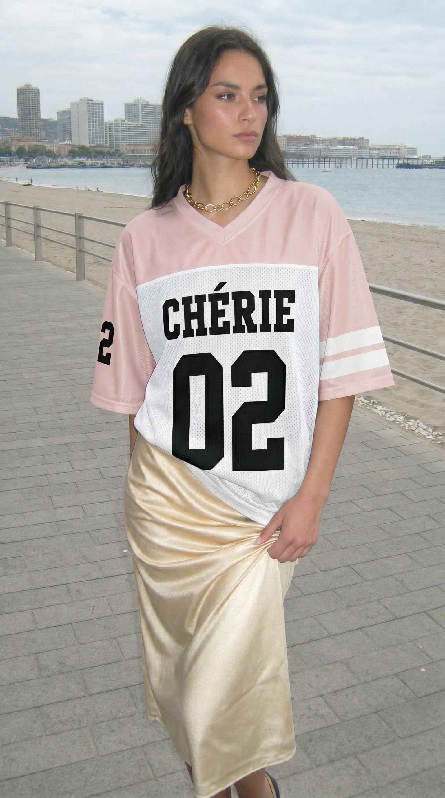 Blush & White Two-Tone Football Jersey — CHÉRIE | Sport Luxe Streetwear