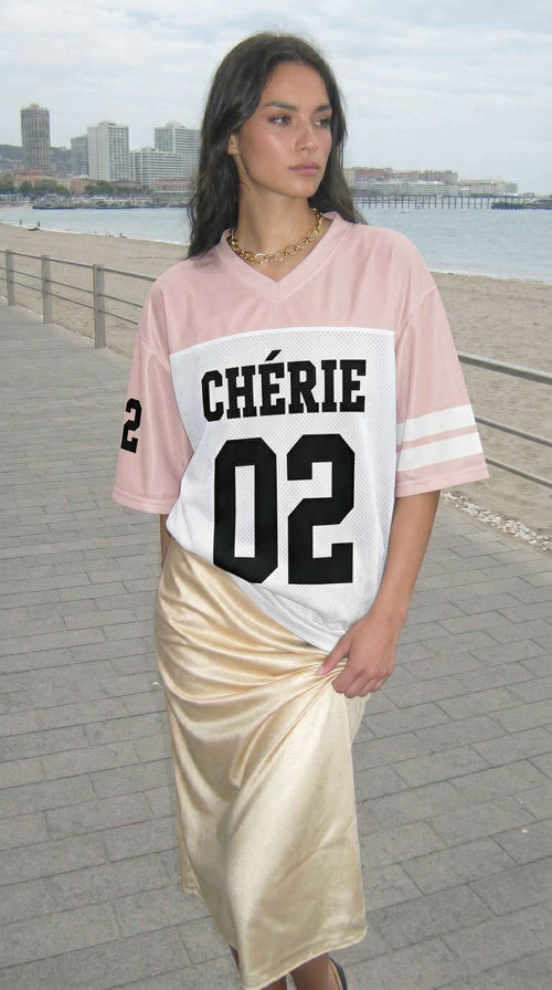 Blush & White Two-Tone Football Jersey — CHÉRIE | Sport Luxe Streetwear